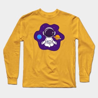 Cute Astronaut Meditation Yoga In Space With Planet  Cartoon Long Sleeve T-Shirt